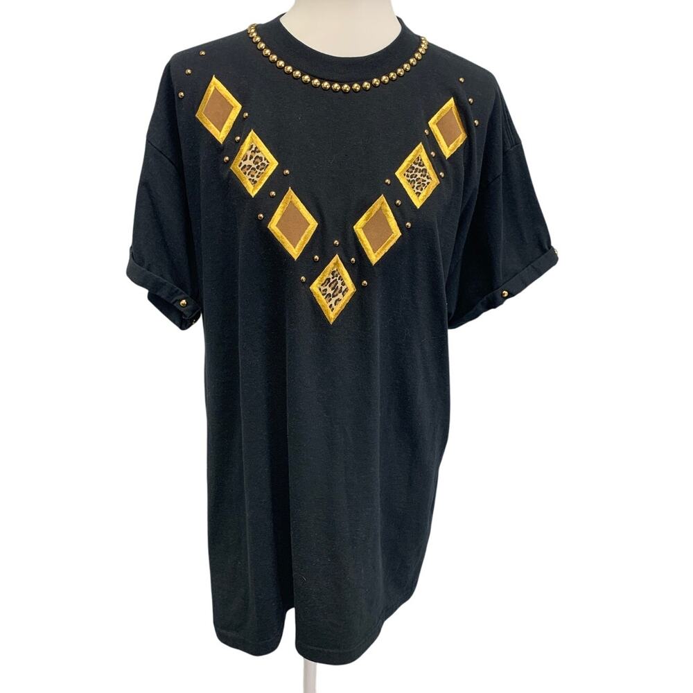 Vintage 1990s PGB Womens Large Gold Beaded Leopard Print Short Sleeve Tee Shirt
